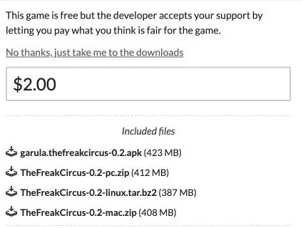 Página do itch.io mostrando a opção No thanks, just take me to the downloads e os arquivos da versão 0.2